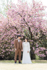 富山県中央植物園で桜と一緒に撮影した洋装ロケーションフォトウェディング