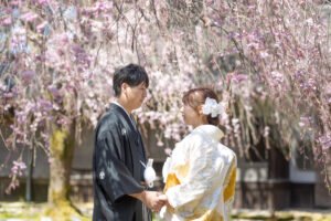 富山のコアラで桜と撮影した和装ロケーションフォトウェディング